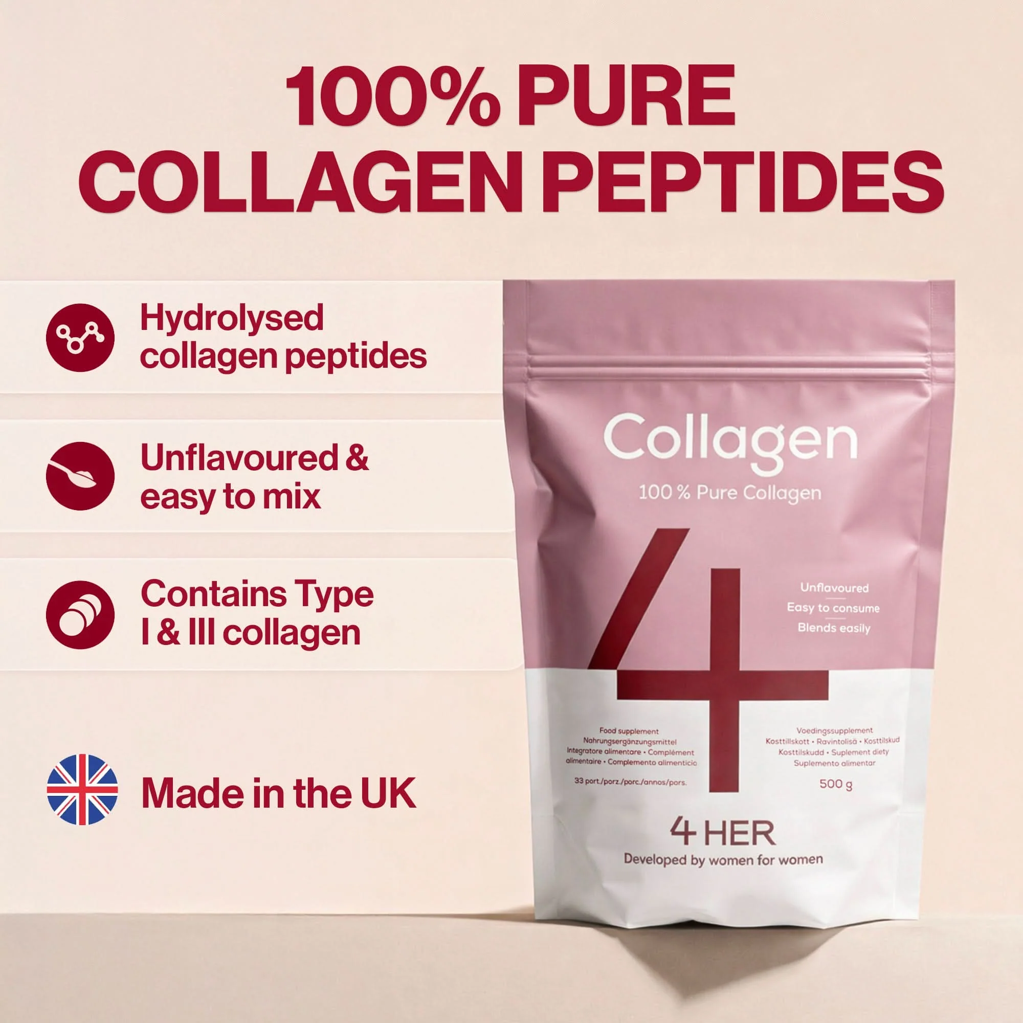 4 HER Collagen Pure 100% Pure Hydrolysed Bovine Collagen Peptides Powder 500g - Image 2