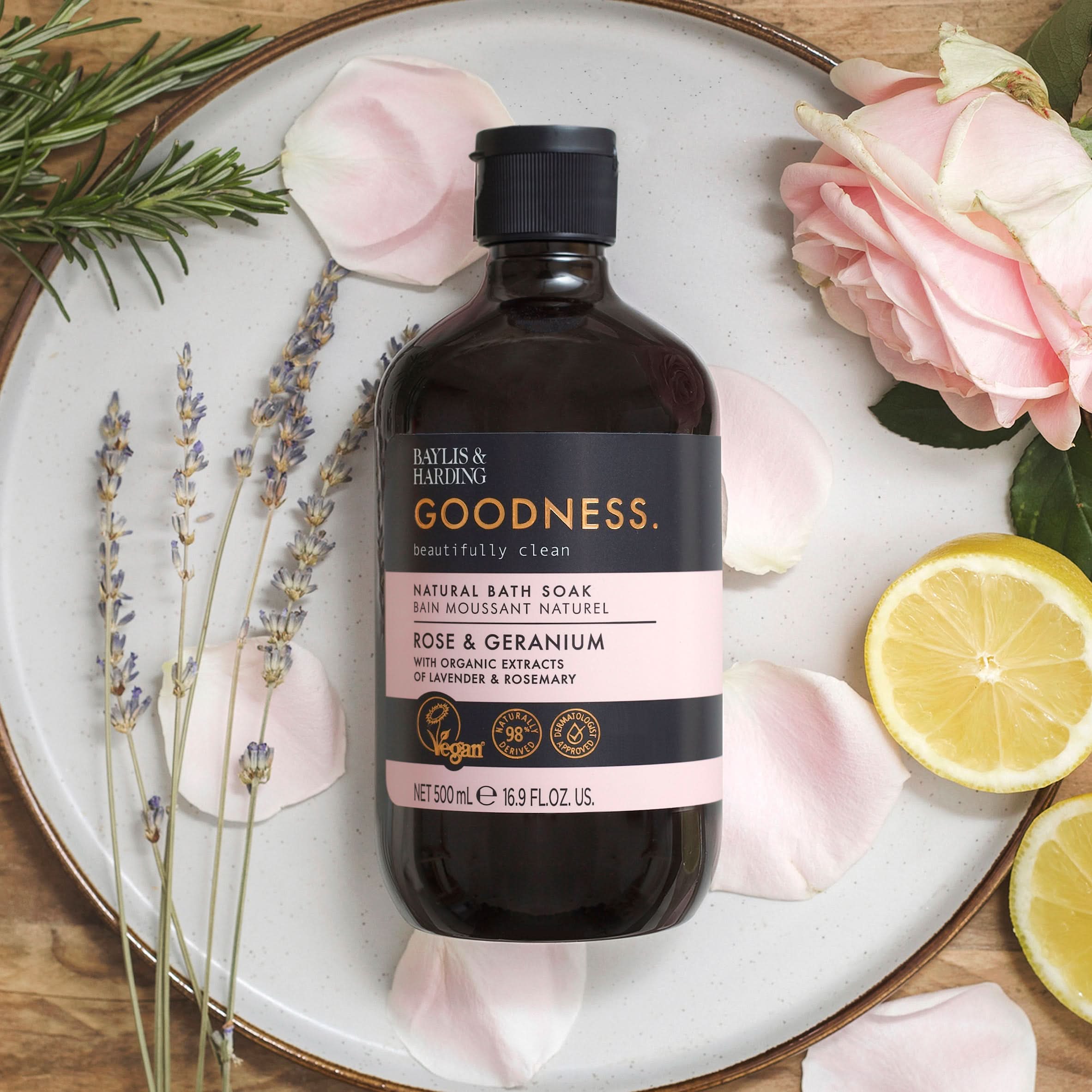 Baylis & Harding Goodness Rose & Geranium Bath Soak 500ml - Image 3