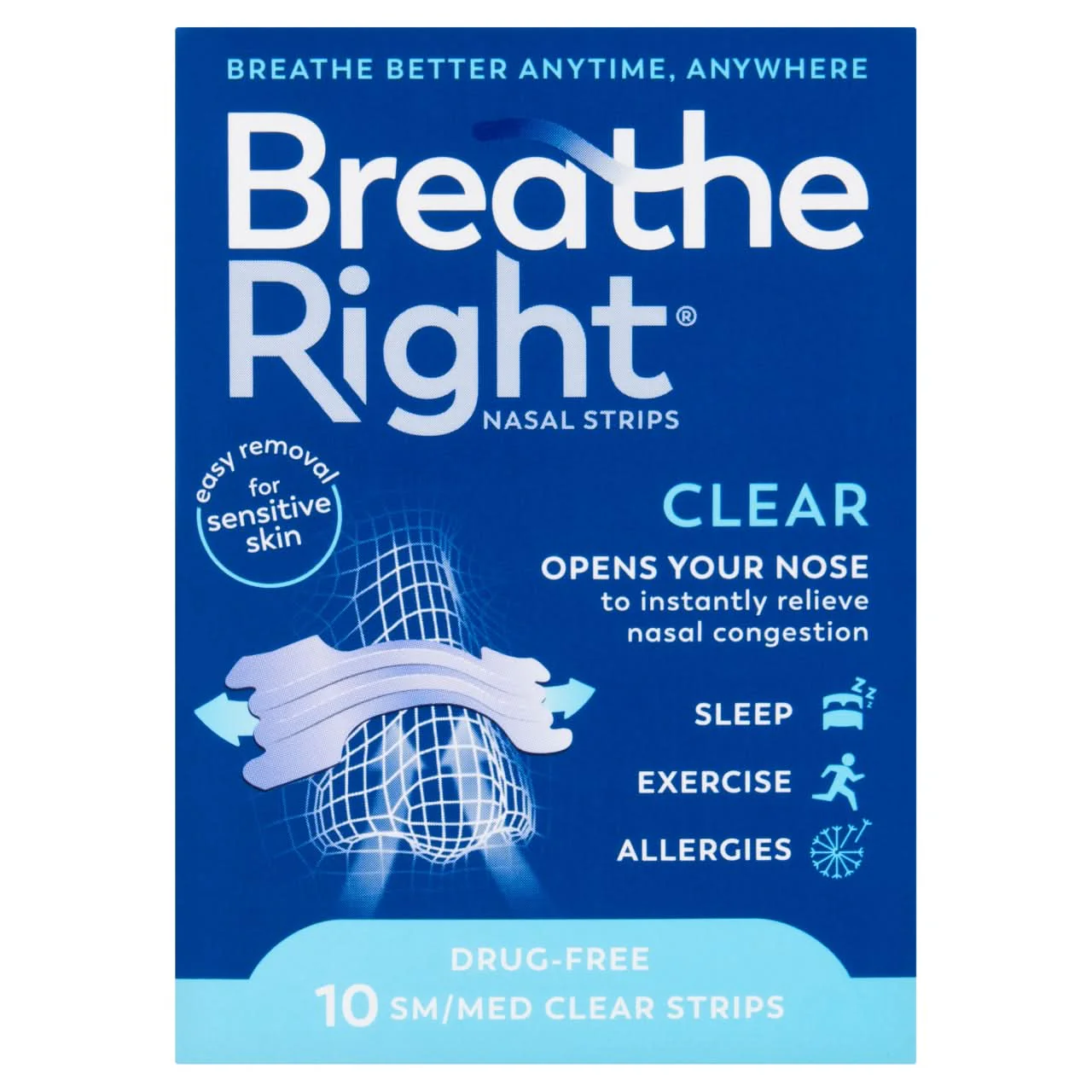 Breathe Right Congestion Relief Nasal Strips Clear Small/Medium 10 Strips