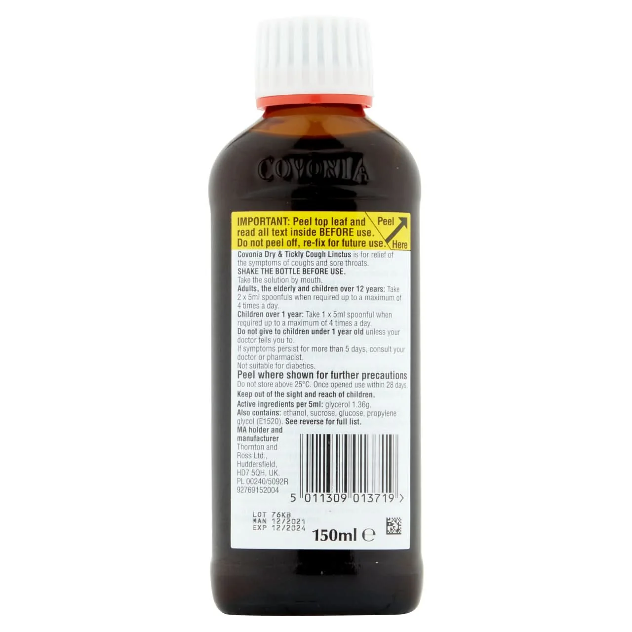 Covonia Dry & Tickly Cough 1.36g/5ml Oral Solution Sugar Free 150ml - Image 2