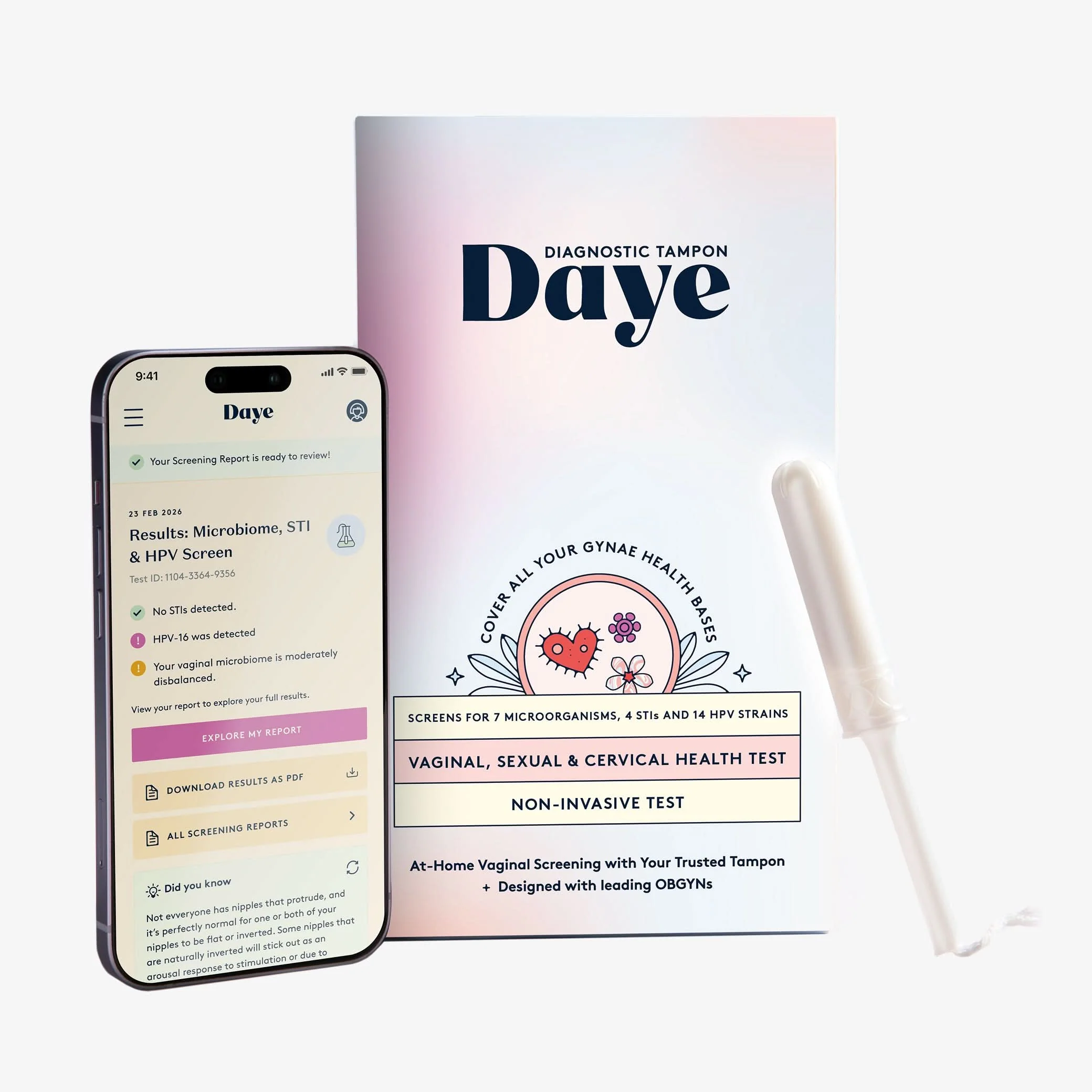 Daye At-Home Comprehensive Vaginal Health Test Kit (Microbiome, HPV & STI) Full Panel Screening with Diagnostic Tampon
