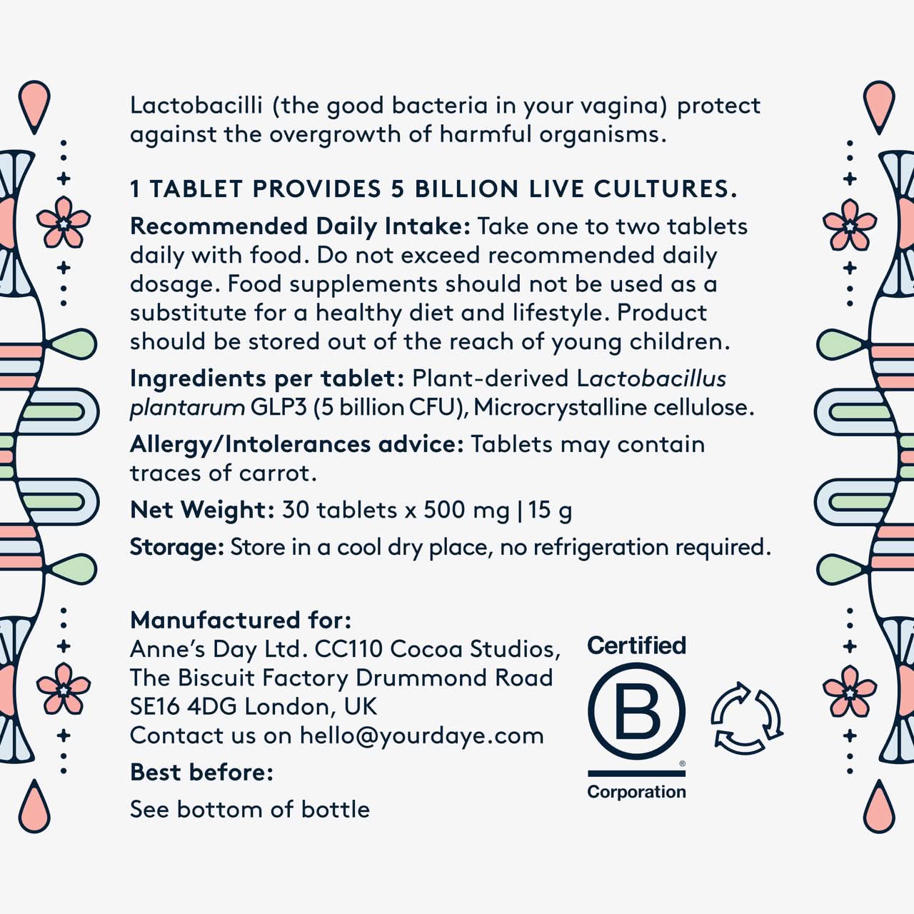 Daye ProViotics: Lactobacillus Plantarum GLP3 for Women's Vaginal & Gut Microbiome 30 Tablets - Image 2