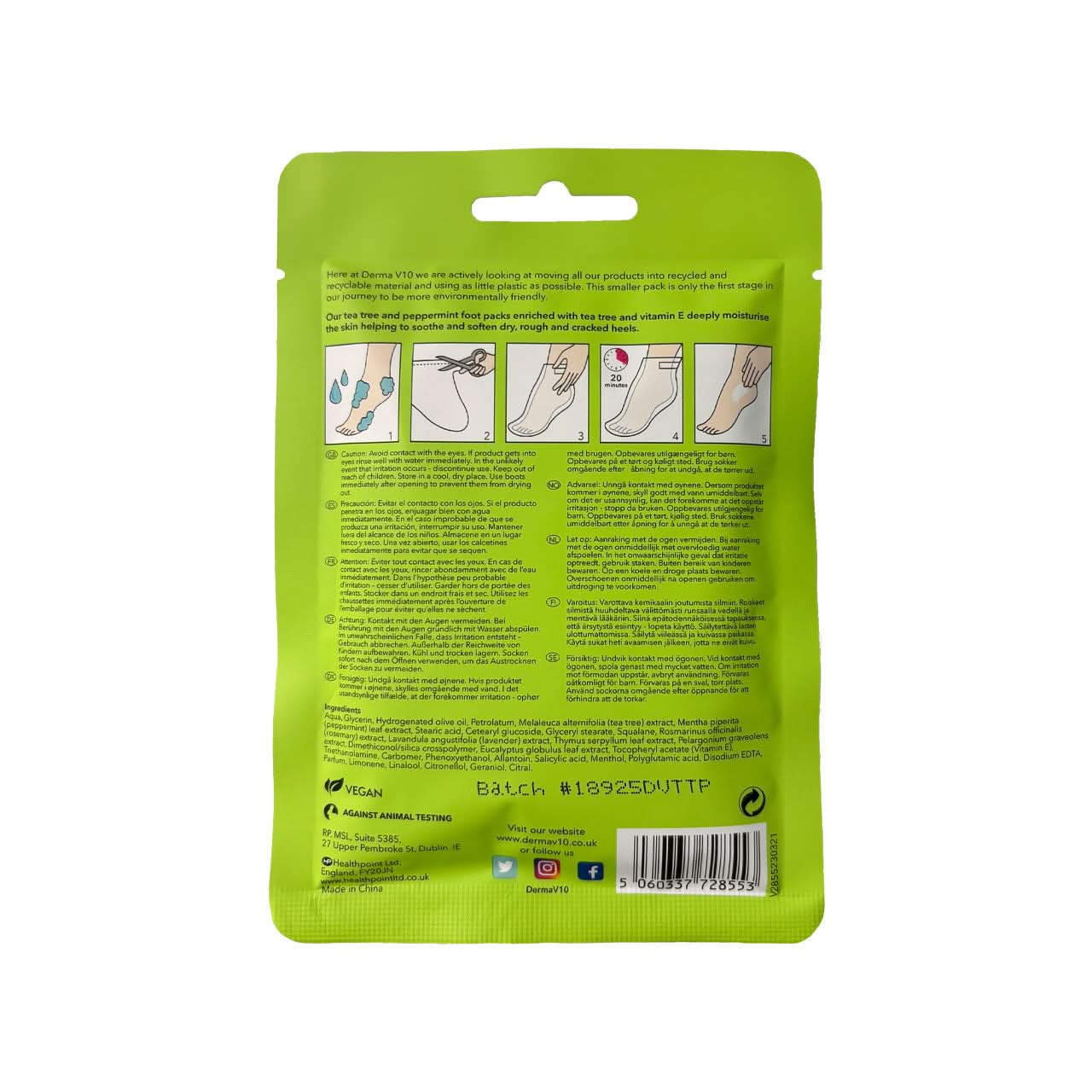 DermaV10 Deep Moisturising Foot Packs Tea Tree & Peppermint 1 Pair - Image 2