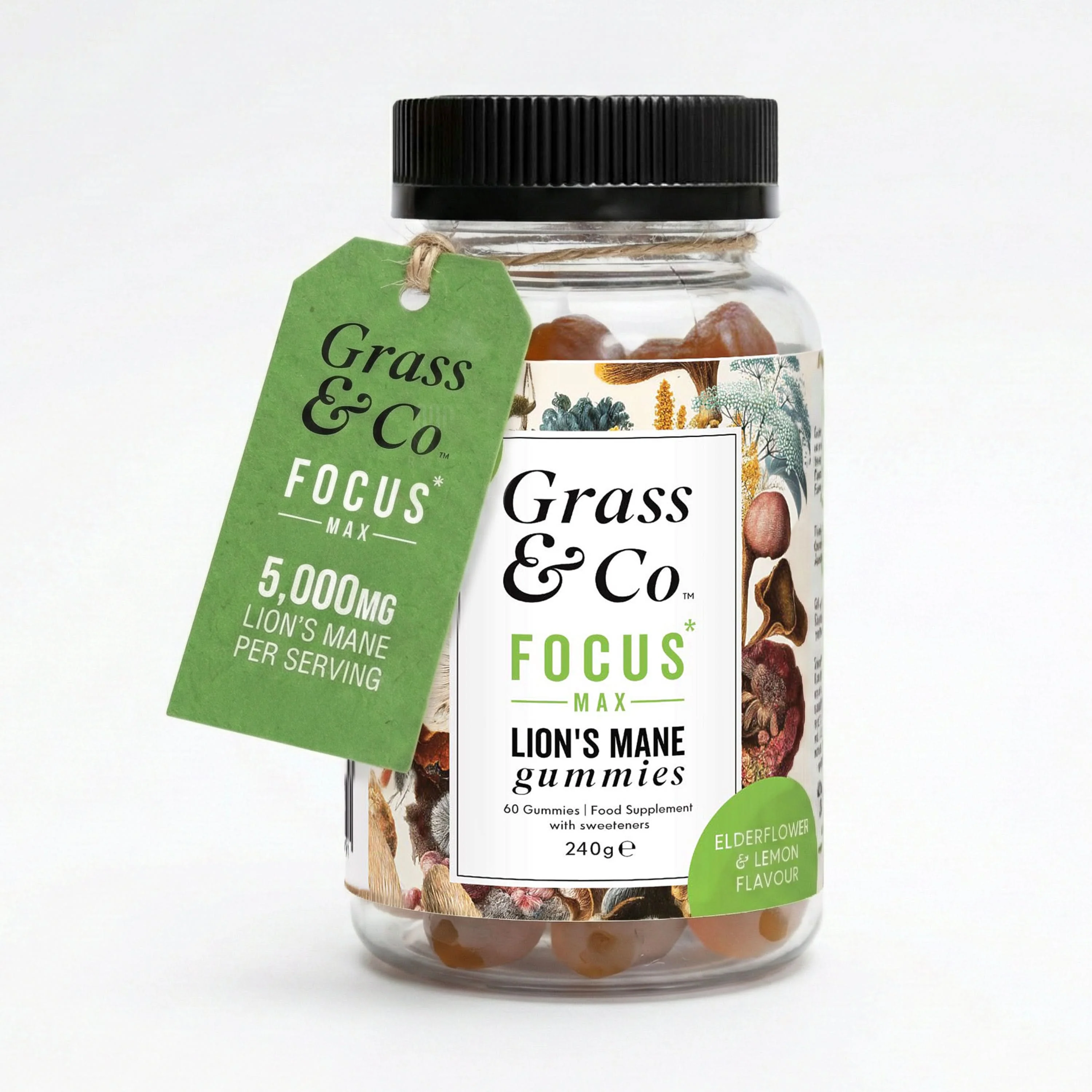 Grass & Co. FOCUS MAX 5000mg Lions Mane Elderflower & Lemon Gummies 60 Gummies