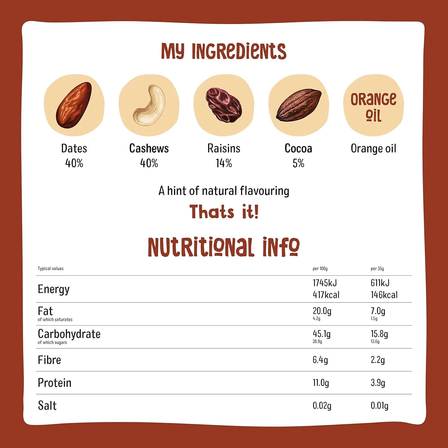 Nakd. Raw Fruit & Nut Bars Cocoa Orange 18x35g - Image 2