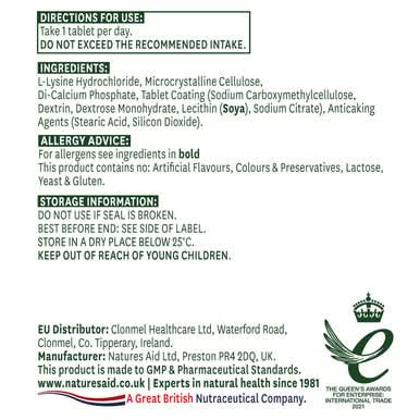 Natures Aid L-Lysine 1000mg 60 Tablets - Image 2
