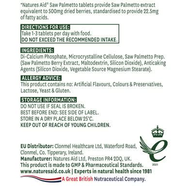 Natures Aid Saw Palmetto 500mg 90 Tablets - Image 2