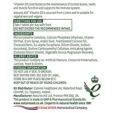 Natures Aid Vegan Vitamin D3 1000iu (25ug) 60 Tablets - Image 2